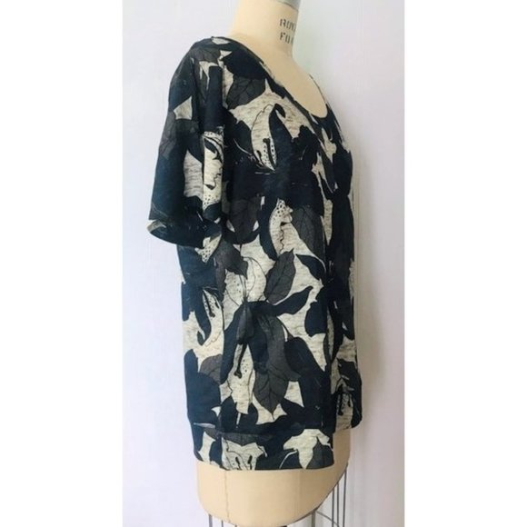 ZARA NAVY GRAY BEIGE LINEN LEAF PRINT SHORT SLEEVE T-SHIRT MEDIUM - Picture 4 of 8